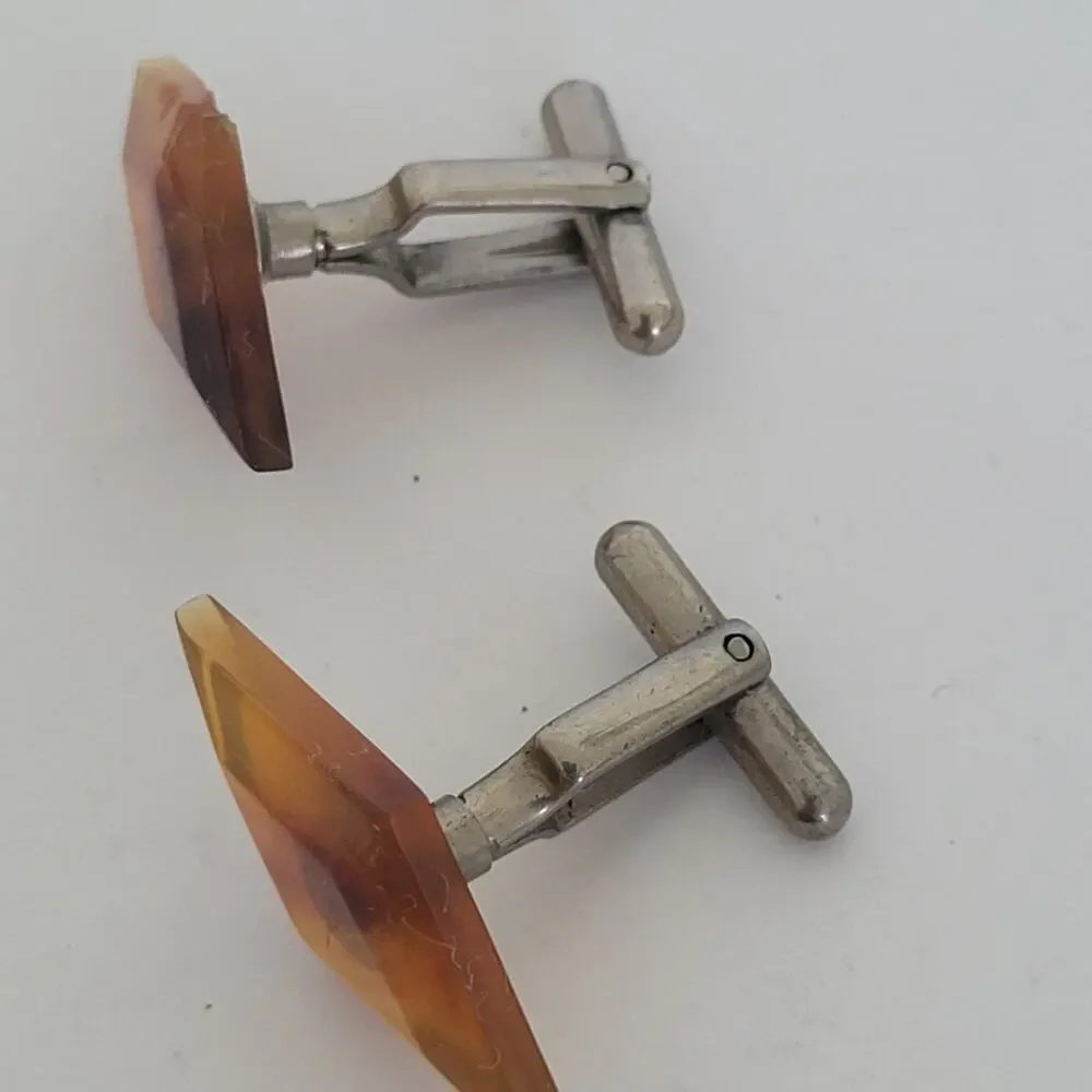 Silver Brown Turtoise Plastic Tone Cufflinks Vintage Trapezoid Retro Mid Century